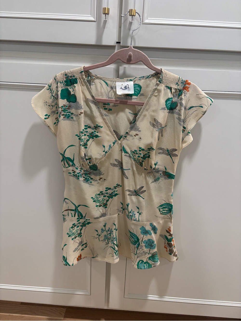 Wrap-Style Floral Blouse - Cream with Teal Print